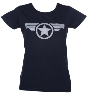 Women's Navy Metallic Silver Print Steve Rogers Super Soldier Captain America Uniform Marvel T-Shirt