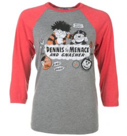 Dennis The Menace And Gnasher Beano Badges Grey And Red Raglan Baseball T-Shirt