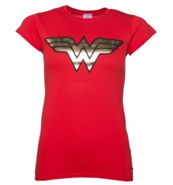 Women's Red Wonder Woman Gold Logo T-Shirt