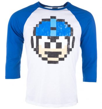 Mega Man 1 Up White And True Royal Raglan Baseball T-Shirt