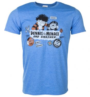Men's Dennis The Menace And Gnasher Beano Badges Heather Blue T-Shirt