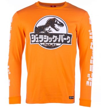 Men's Orange Jurassic Park Japanese Distressed Long Sleeve T-Shirt from Hype