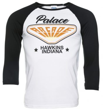 Stranger Things Inspired Hawkins Indiana Arcade White And Black Raglan Baseball T-Shirt