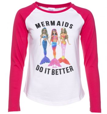 Women's Barbie Mermaids Do It Better White and Hot Pink Baseball T-Shirt