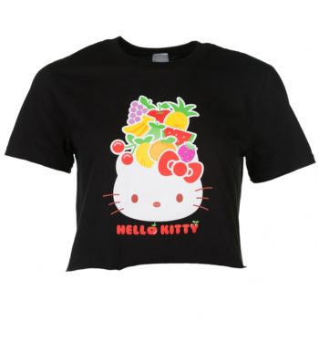 Women's Black Hello Kitty Fruit Cropped Boyfriend T-Shirt with Rolled Sleeves