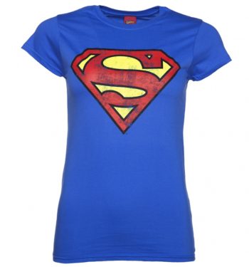 Women's Blue Distressed Superman Logo T-Shirt