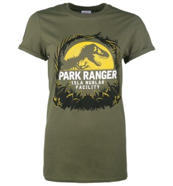 Women's Jurassic Park Isla Nublar Facility Military Green Boyfriend Fit T-Shirt With Rolled Sleeves