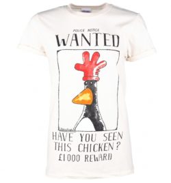 Women's Wallace And Gromit Feathers McGraw Wanted Poster Ecru Boyfriend Fit T-Shirt With Rolled Sleeves
