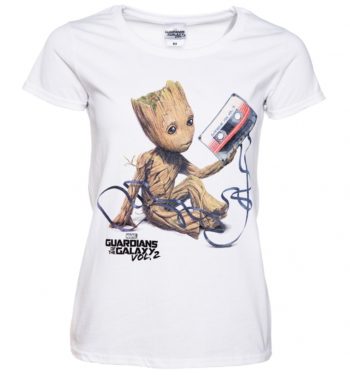 Women's White Baby Groot And Cassette Guardians Of The Galaxy T-Shirt