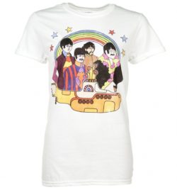 Women's Yellow Submarine The Beatles White Boyfriend Fit T-Shirt With Rolled Sleeves