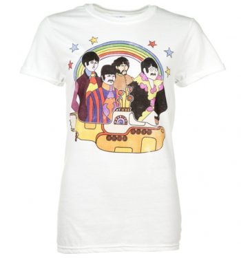 Women's Yellow Submarine The Beatles White Boyfriend Fit T-Shirt With Rolled Sleeves